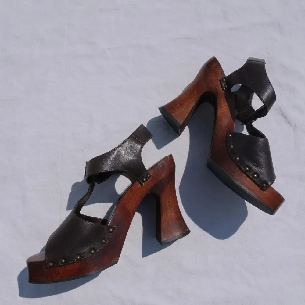 1990s/y2k‎ Wood Soled Bongo Platform Sandals US Size 7.5